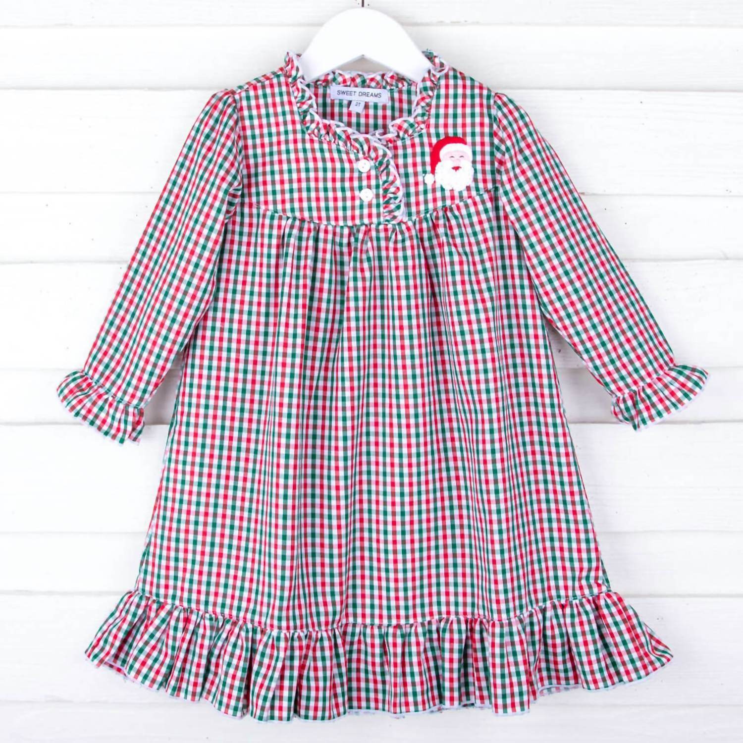 Muguet Collection - Girl's Santa Embroidered Gingham Night Gown - Rack Hunt -