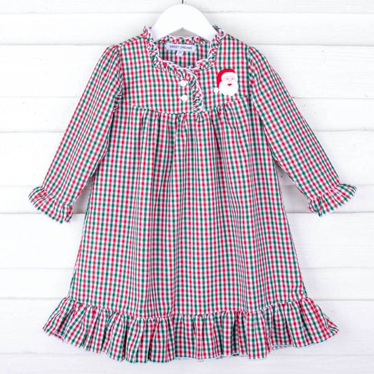 Muguet Collection - Girl's Santa Embroidered Gingham Night Gown - Rack Hunt -
