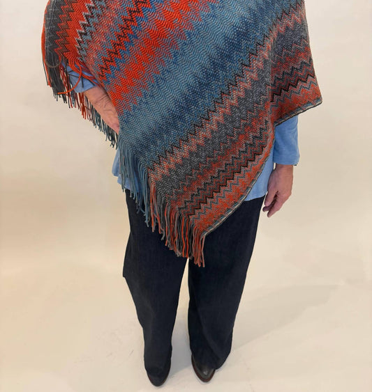 Vibrant Chevron Knit Fringe Poncho