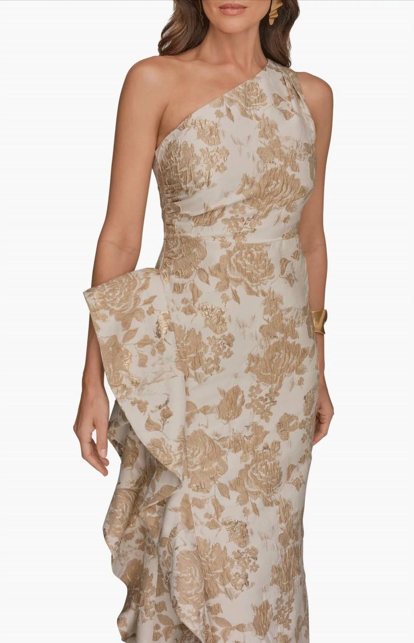 One Shoulder Cascading Ruffle Metallic Floral Gown