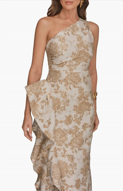 One Shoulder Cascading Ruffle Metallic Floral Gown