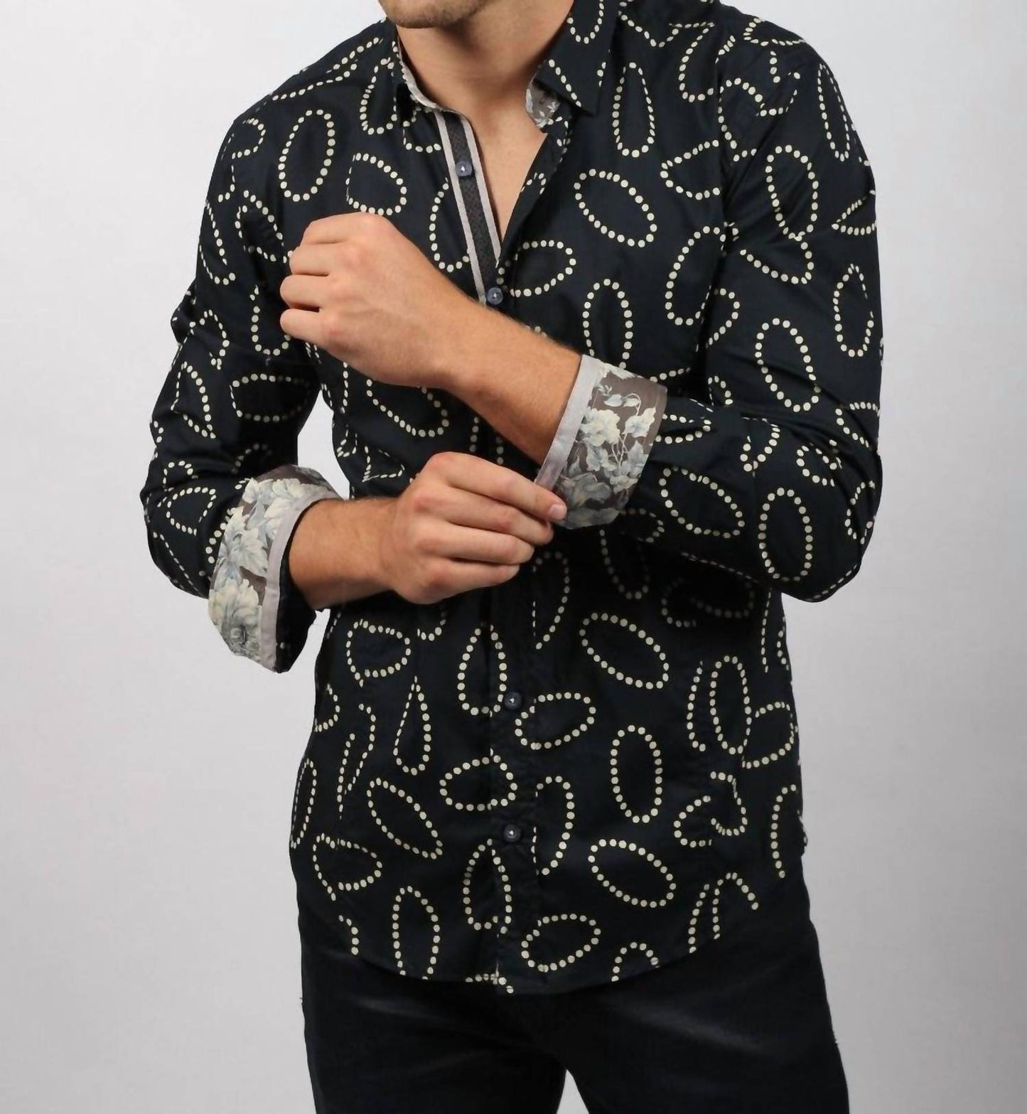 Oval Pattern Print Button Down Shirt With Floral Trim