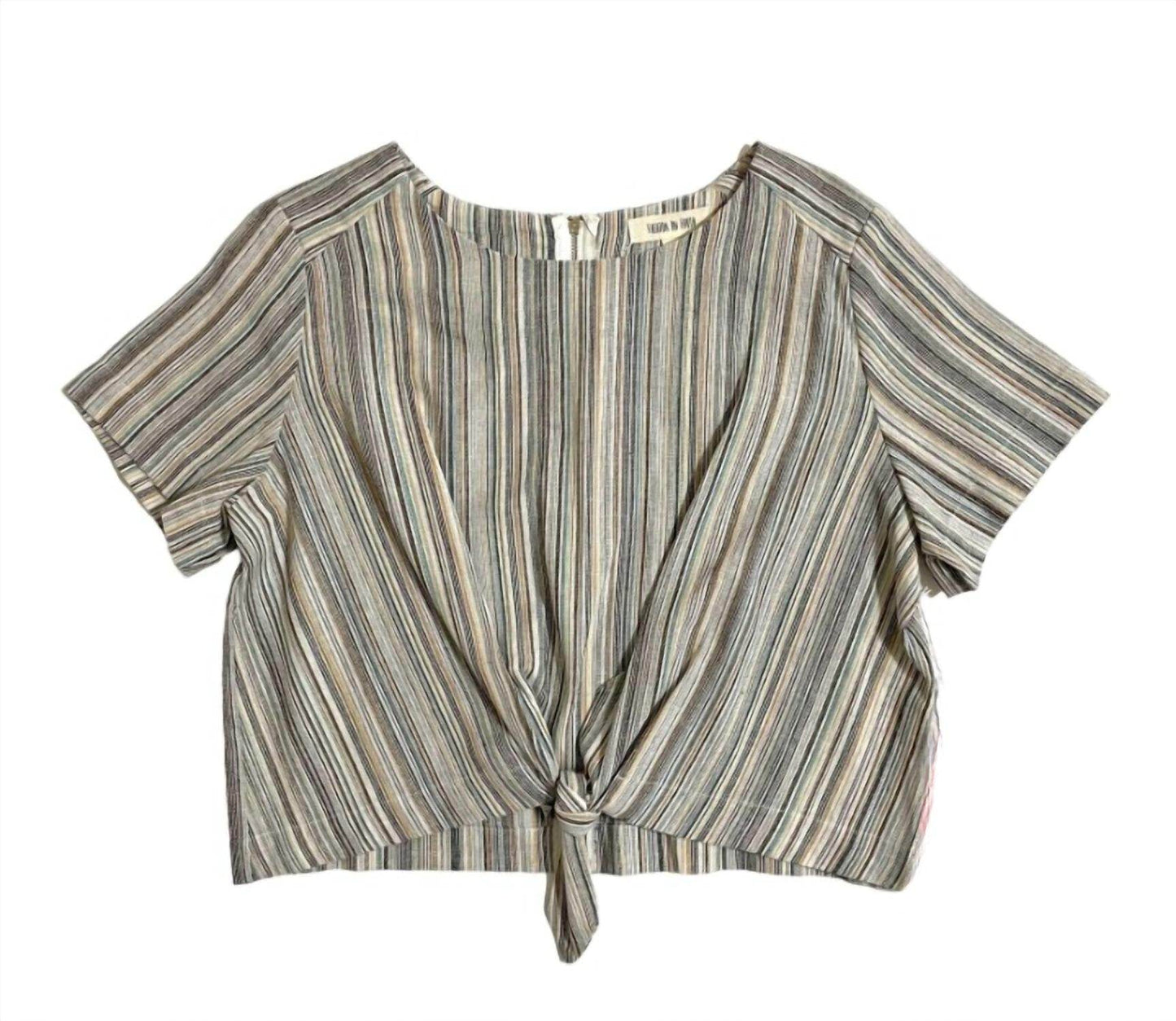 Fashion On Earth - Women's Striped Linen Cotton Front Tie Short Sleeve Crop Top - Rack Hunt -