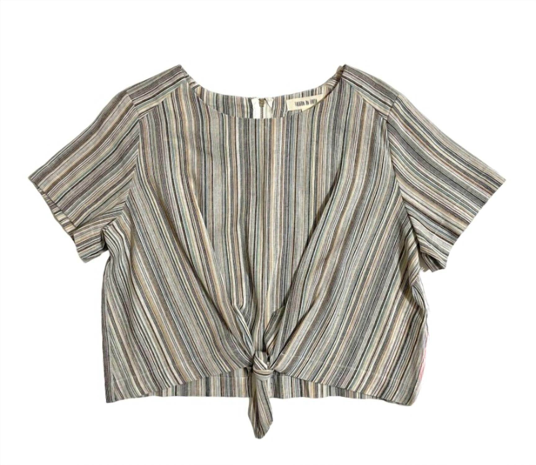 Fashion On Earth - Women's Striped Linen Cotton Front Tie Short Sleeve Crop Top - Rack Hunt -