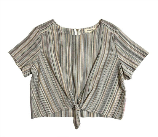 Fashion On Earth - Women's Striped Linen Cotton Front Tie Short Sleeve Crop Top - Rack Hunt -