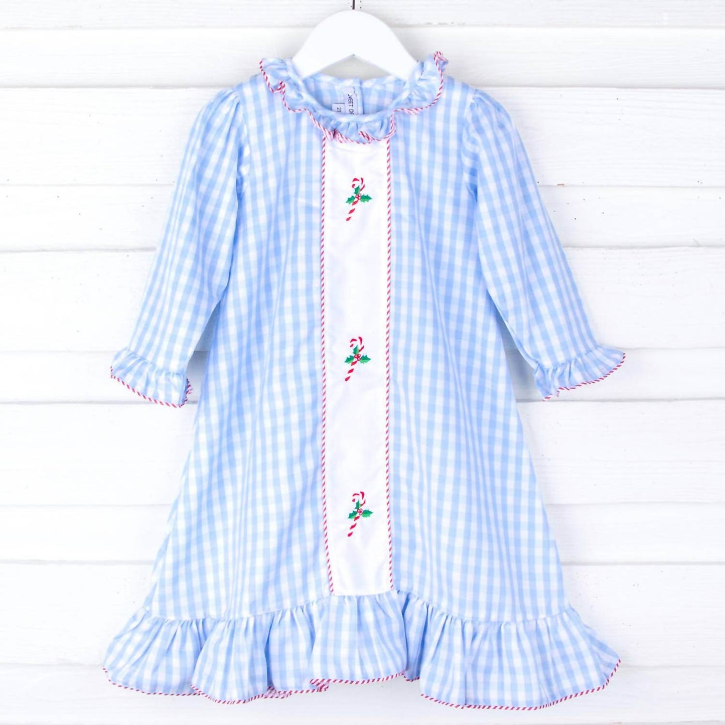 Muguet Collection - Girl's Candy Cane Embroidered Check Night Gown - Rack Hunt -