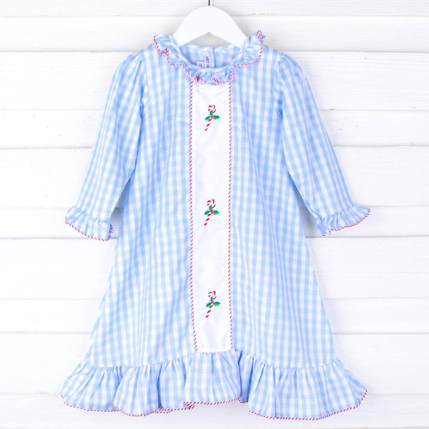 Muguet Collection - Girl's Candy Cane Embroidered Check Night Gown - Rack Hunt -