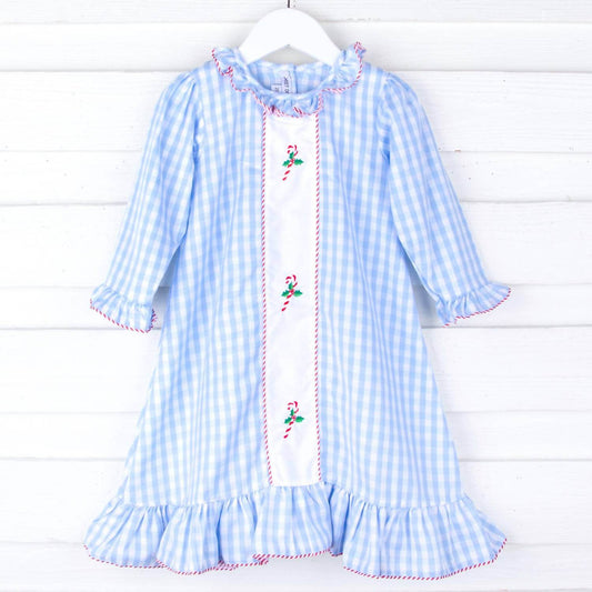 Muguet Collection - Girl's Candy Cane Embroidered Check Night Gown - Rack Hunt -