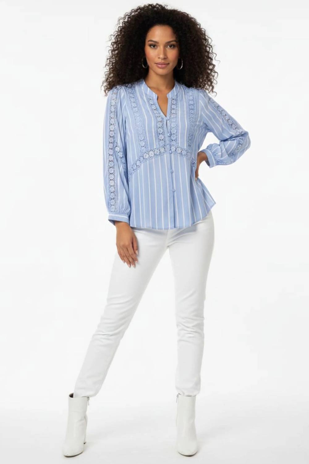 Striped Lace-detail Split Neck Blouse
