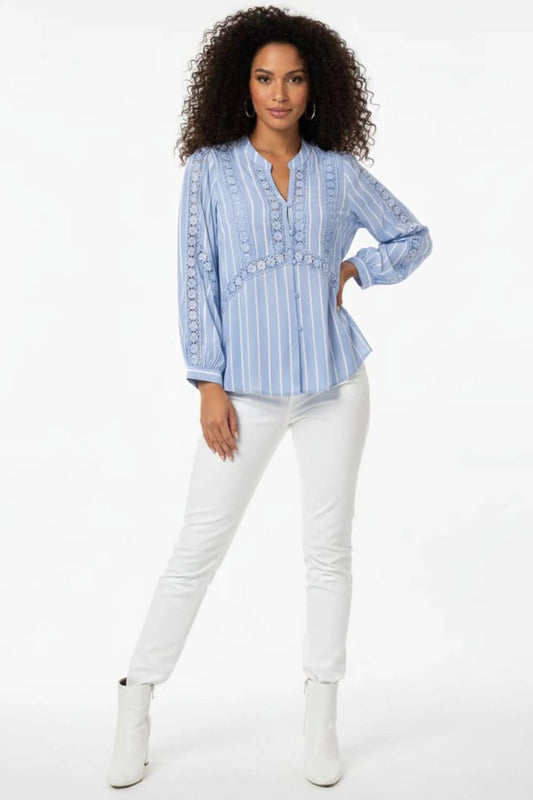 Striped Lace-detail Split Neck Blouse