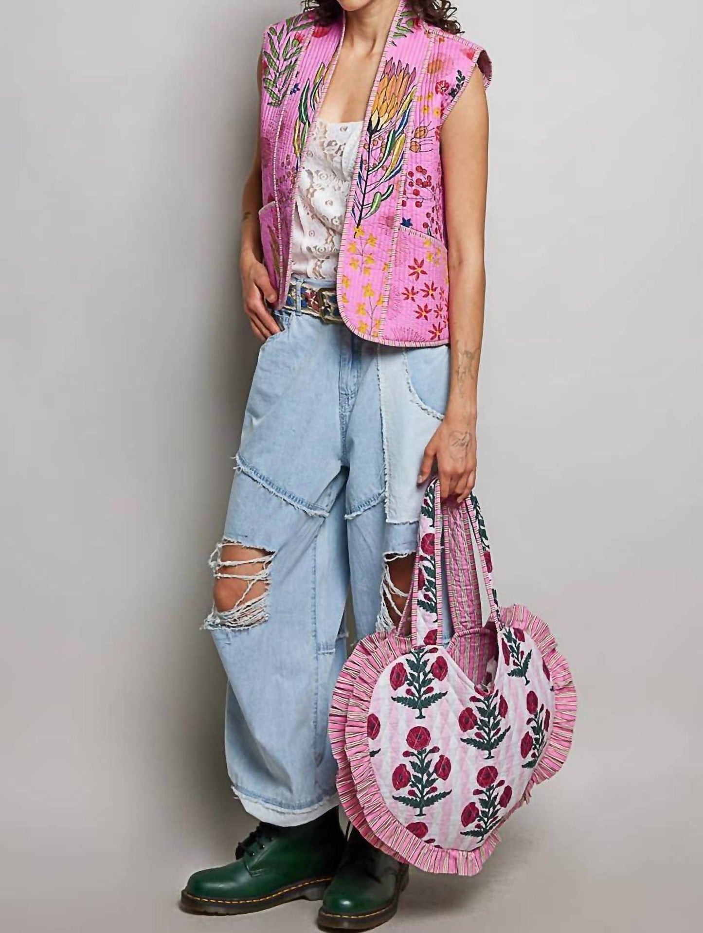 Heart Shaped Ruffle Edge Quilted Tote Bag