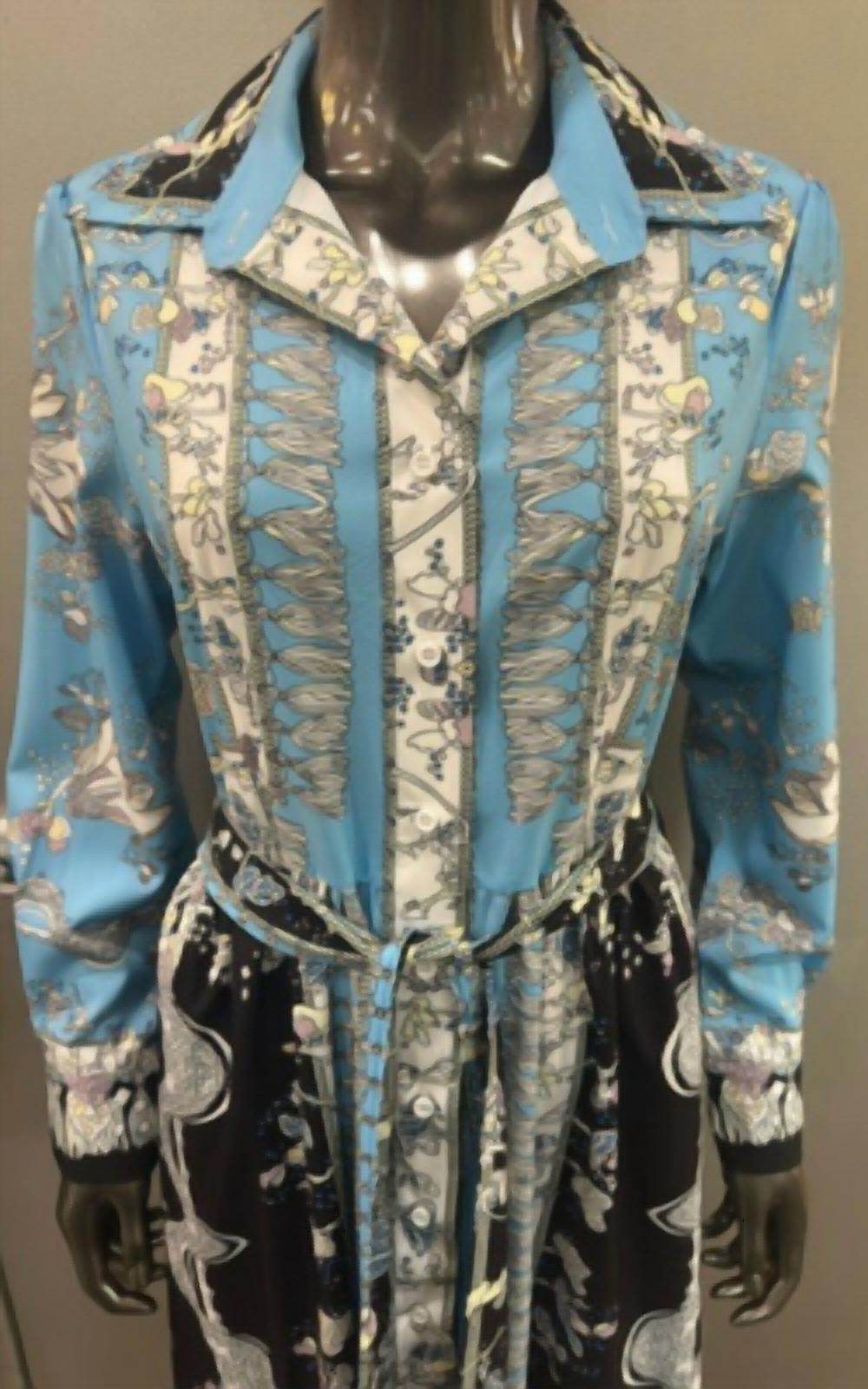 N by Nancy - Blue long sleeve button up dress with floral deisgns with belt - Rack Hunt -