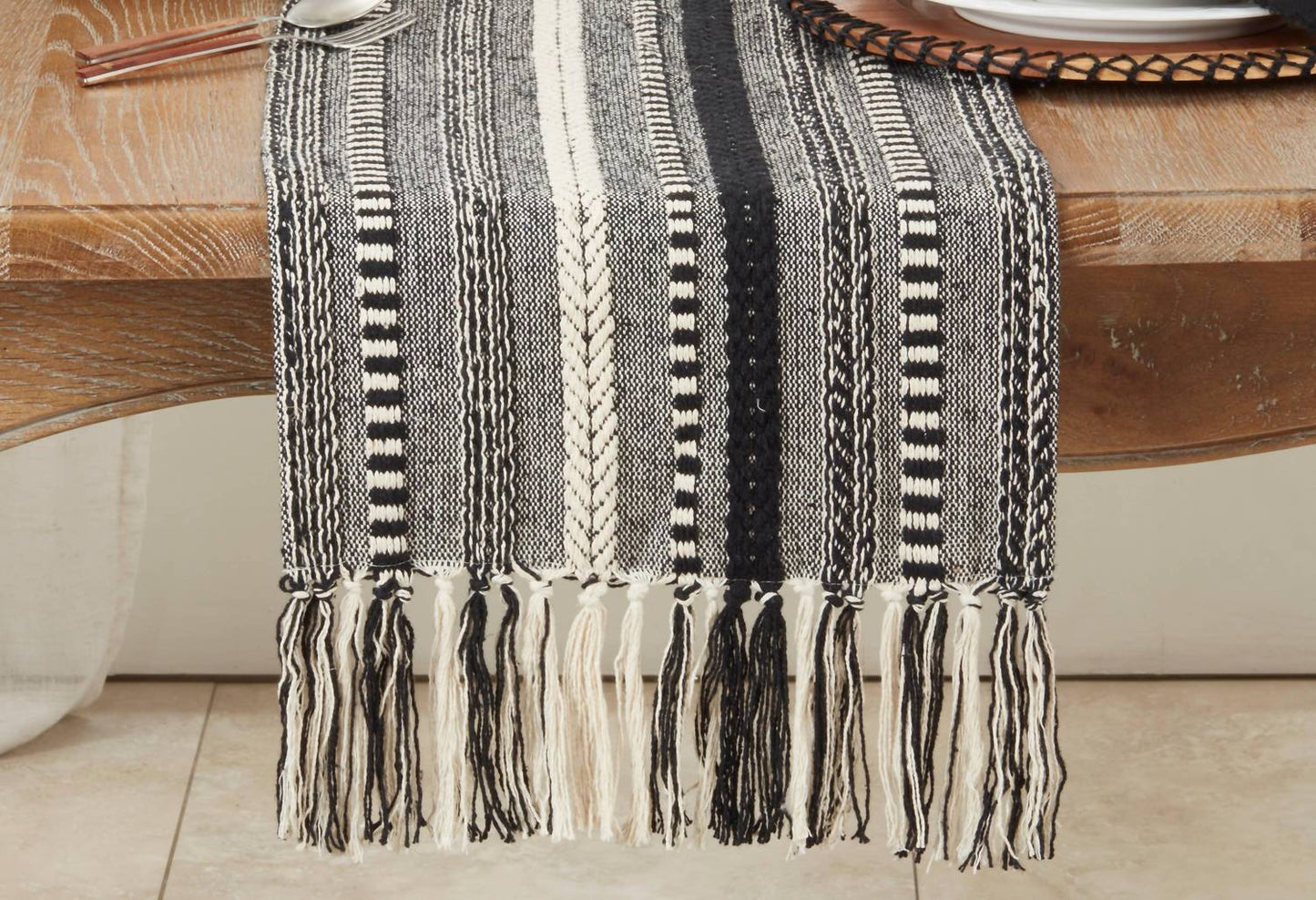 14"x72" Fringe Detail Braided Stripe Table Runner