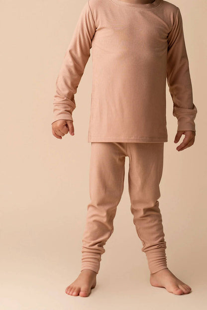 Boys Solid Ribbed Long Sleeve Two Piece Pajama Set