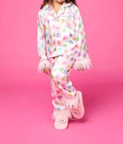 Girl's Sweetheart Feather Trim Silky Pajama Set