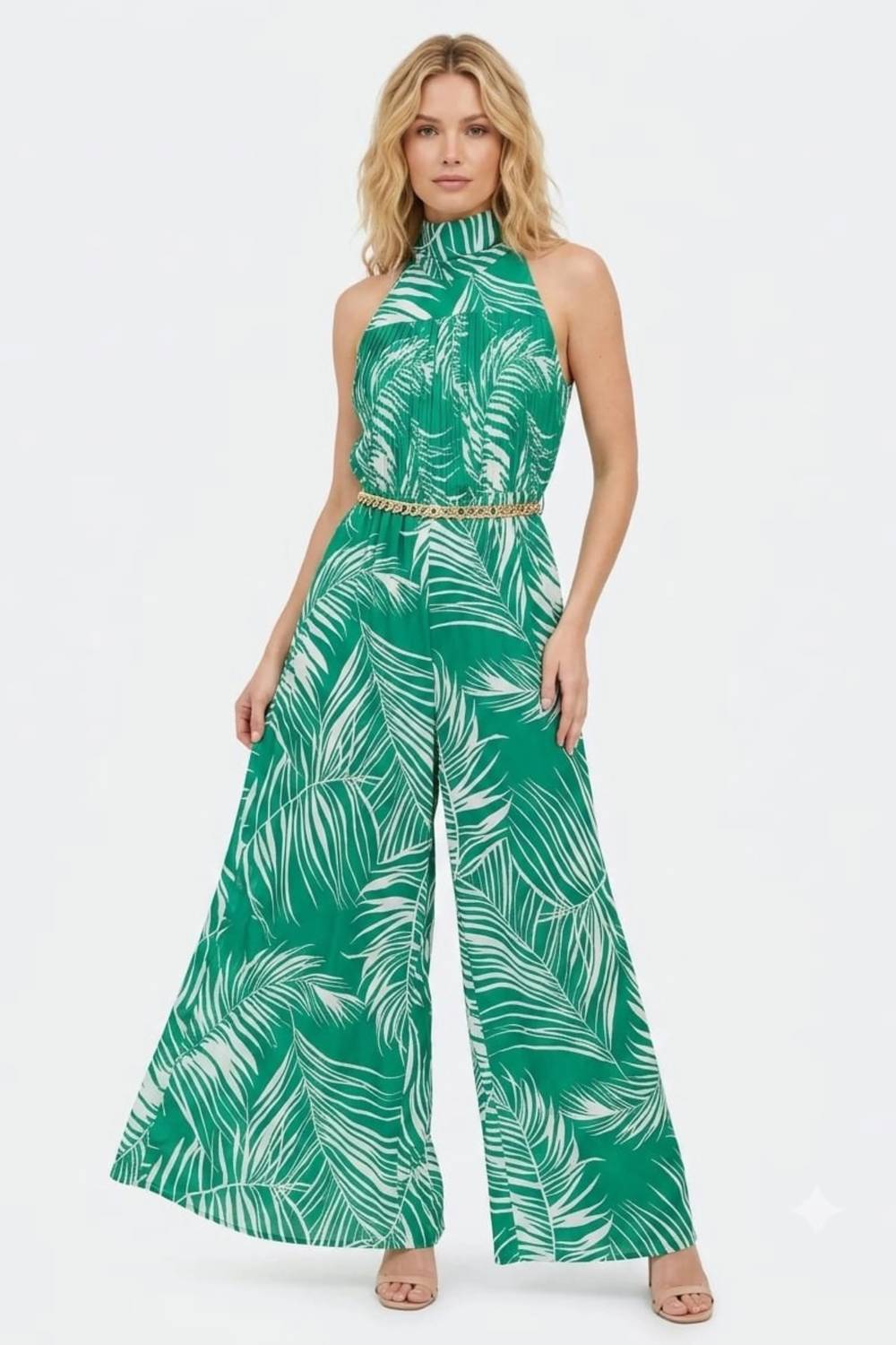 Tropical Palm Pleated Halter Jumpsuit