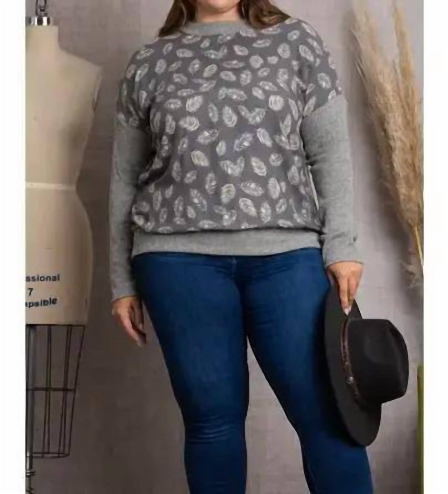 Leaves Print Rib Contrast Plus Size Top