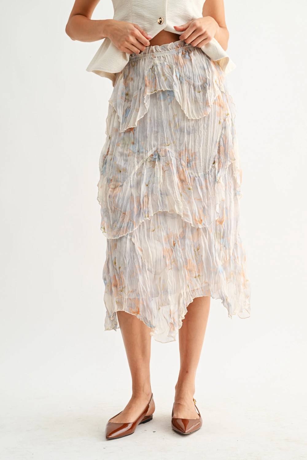 Layered Midi Skirt With Watercolor Floral Print