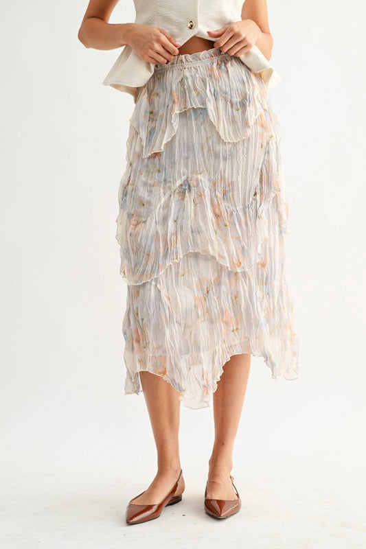 Layered Midi Skirt With Watercolor Floral Print