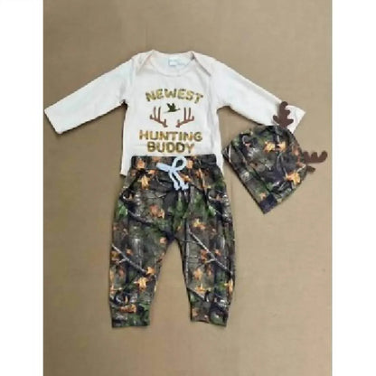 Lulu Clothes - Baby Boys' Newest Hunting Buddy Romper, Pants & Hat Set - Rack Hunt