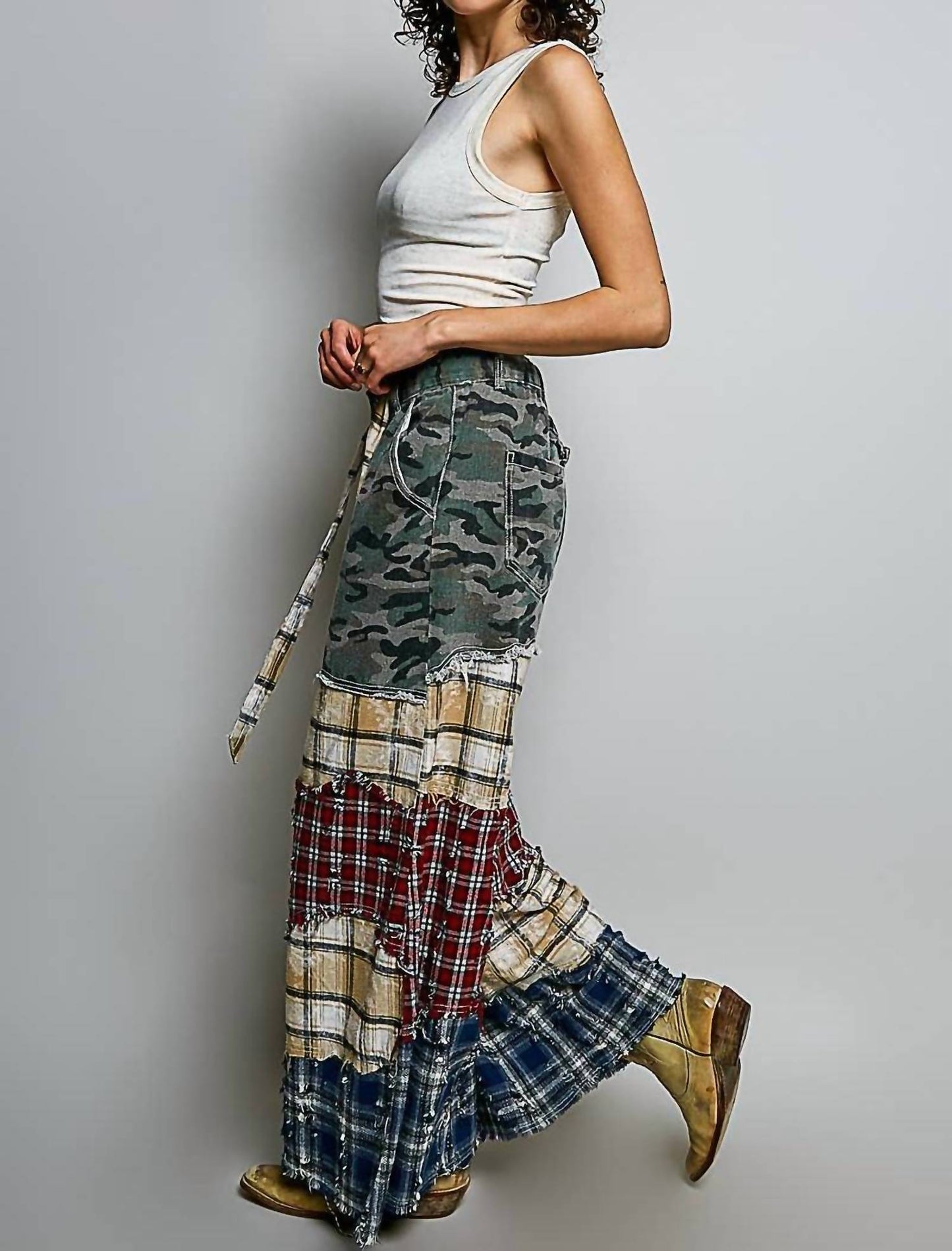 Asymmetrical Patchwork Buckle Back Detail Woven Pants