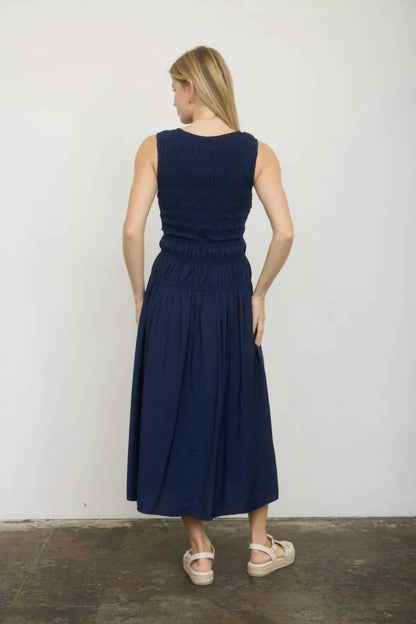 Front Tie Smocked Sleeveless Shirred Midi Dress