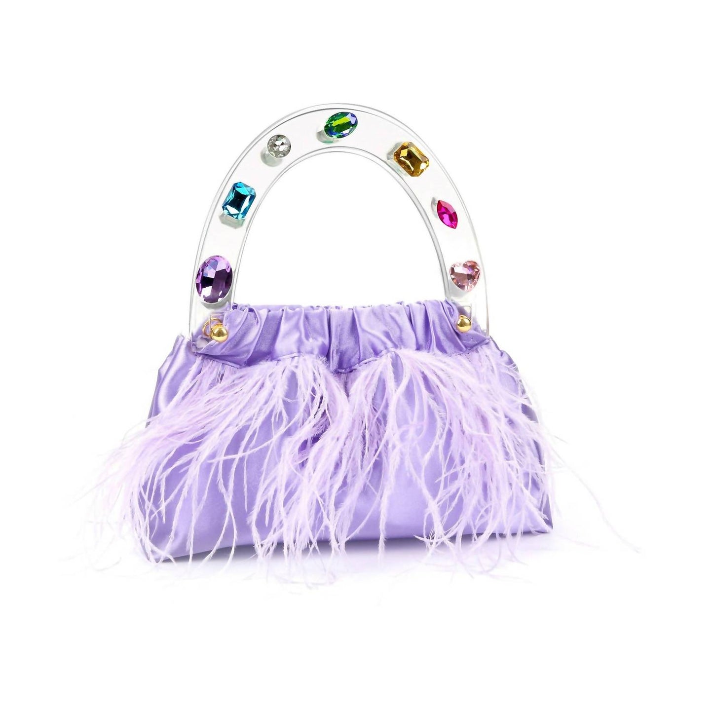 Women's Colorful Gem Handle Embellished Feather Bag