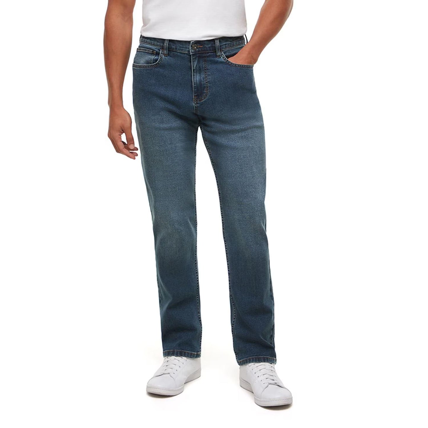 Stretch Cotton Blend Straight Fit Denim Jeans