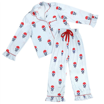 Women's Full Length Ruffled Pj Set With Velvet Tie