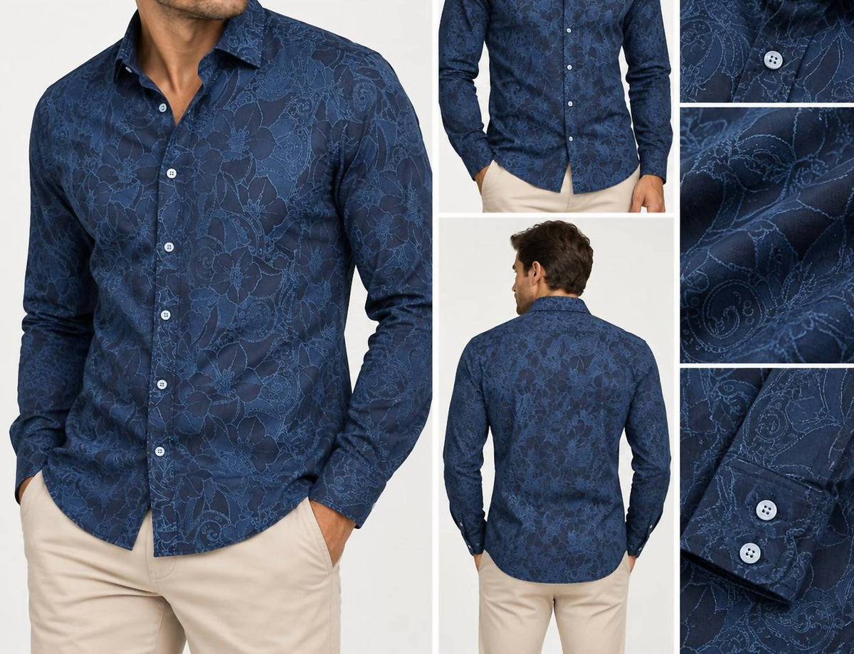 Tonal Floral Print Denim Long Sleeve Shirt