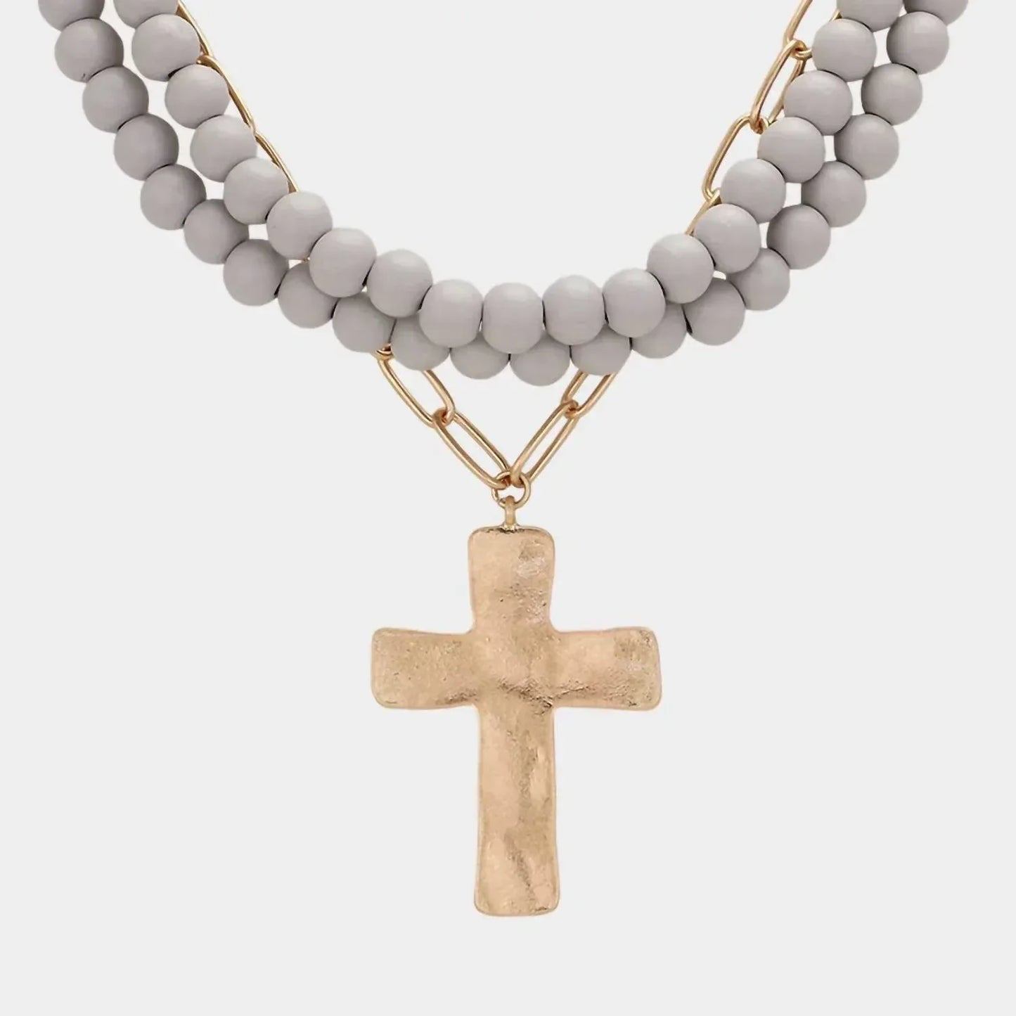 Sensibling Corp - Women's Maribelle Hammered Metal Cross Pendant Wood Bead Necklace - Rack Hunt