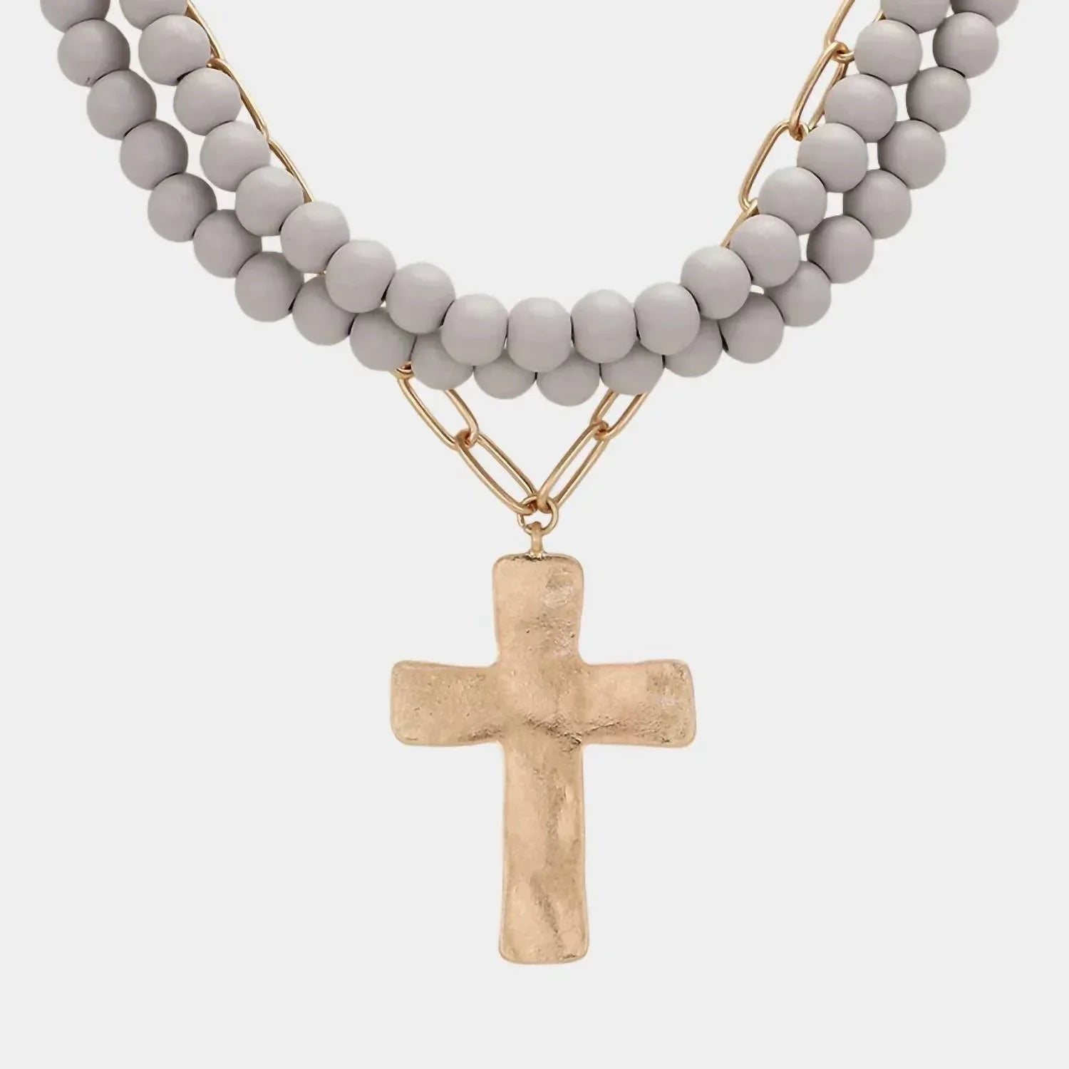 Sensibling Corp - Women's Maribelle Hammered Metal Cross Pendant Wood Bead Necklace - Rack Hunt