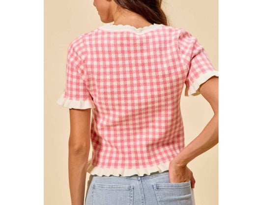 Gingham Knit Ruffled Short Sleeves Top