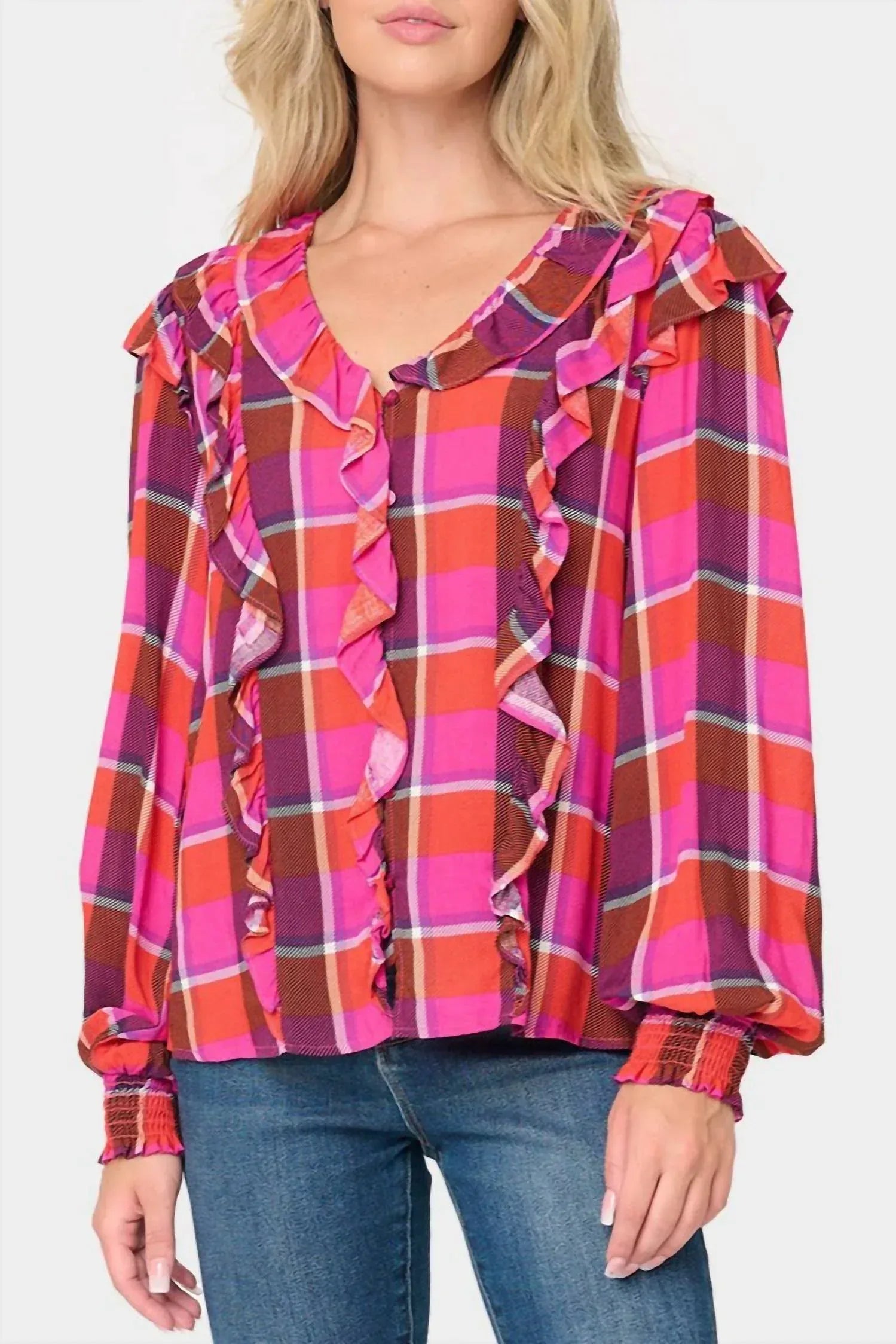 Gibsonlook - Plaid Ruffle Detail Long Sleeve Shirt - Rack Hunt