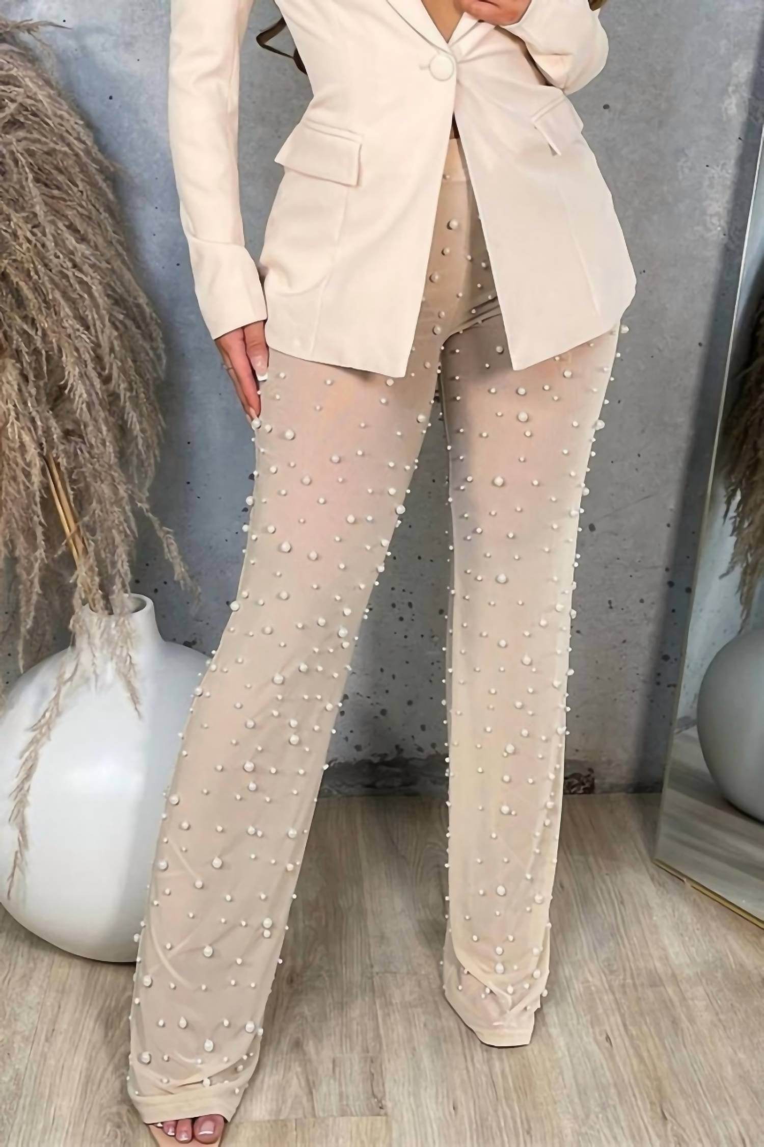 MB Fashion Wholesale - Sophie Wide-leg Pearl Beaded Sheer Pants - Rack Hunt