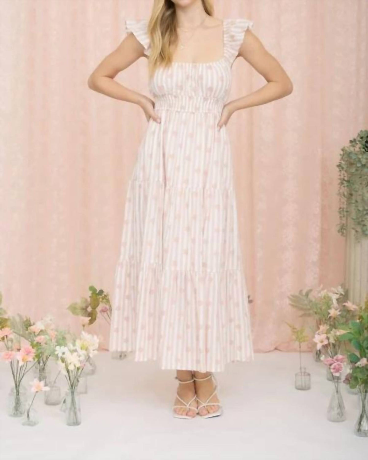 Stripe Floral Flounce Strap Tiered Midi Dress
