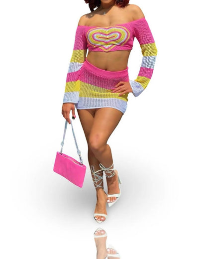 Heartbreaker Block Knit Off Shoulder Long Sleeve Matching Mini Skirt Set