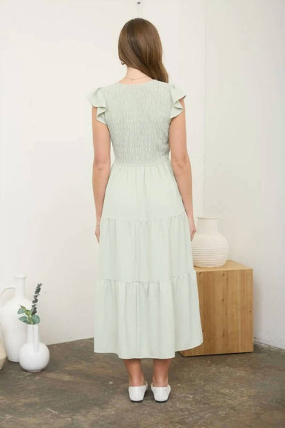 Flutter Sleeve V-neck Smocked Midi Dress