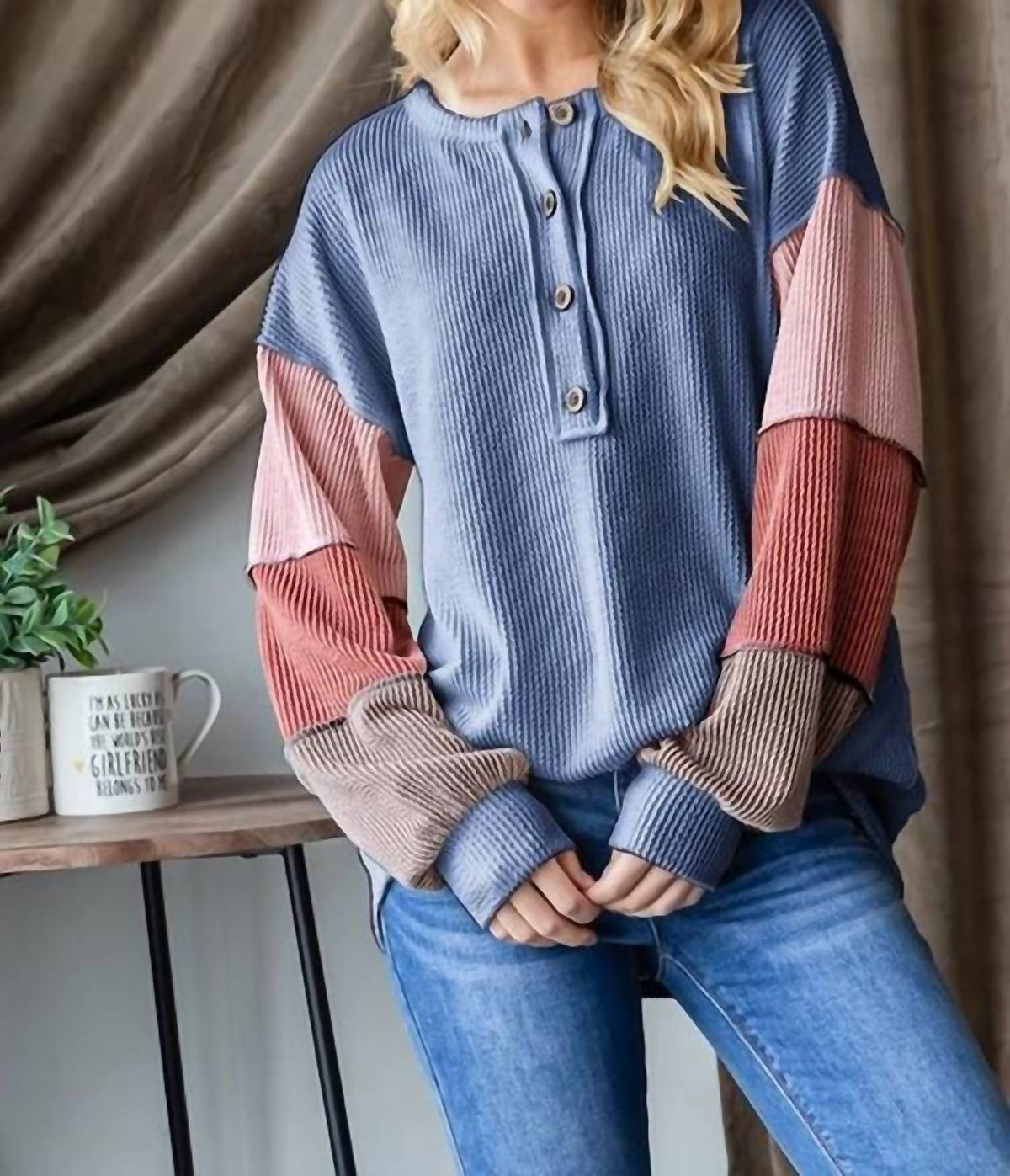 Women's Long Puff Sleeve Ribbed Color Block Top