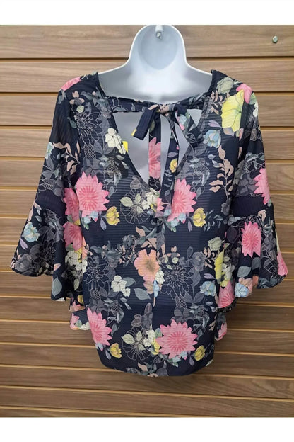 Moci - Women's Floral Bell Sleeve Back Tie Top - Rack Hunt