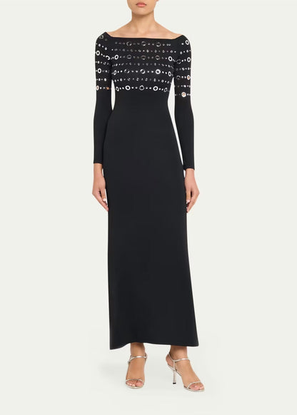 Grommet Off-the-shoulder Long-sleeve Maxi Dress