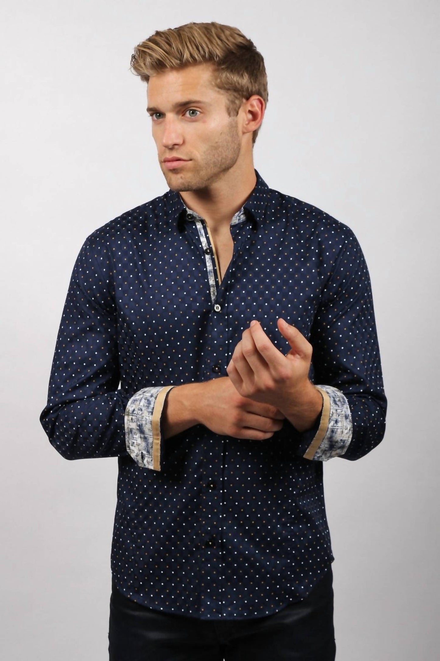 Dots Button Down Print Shirt With Trim
