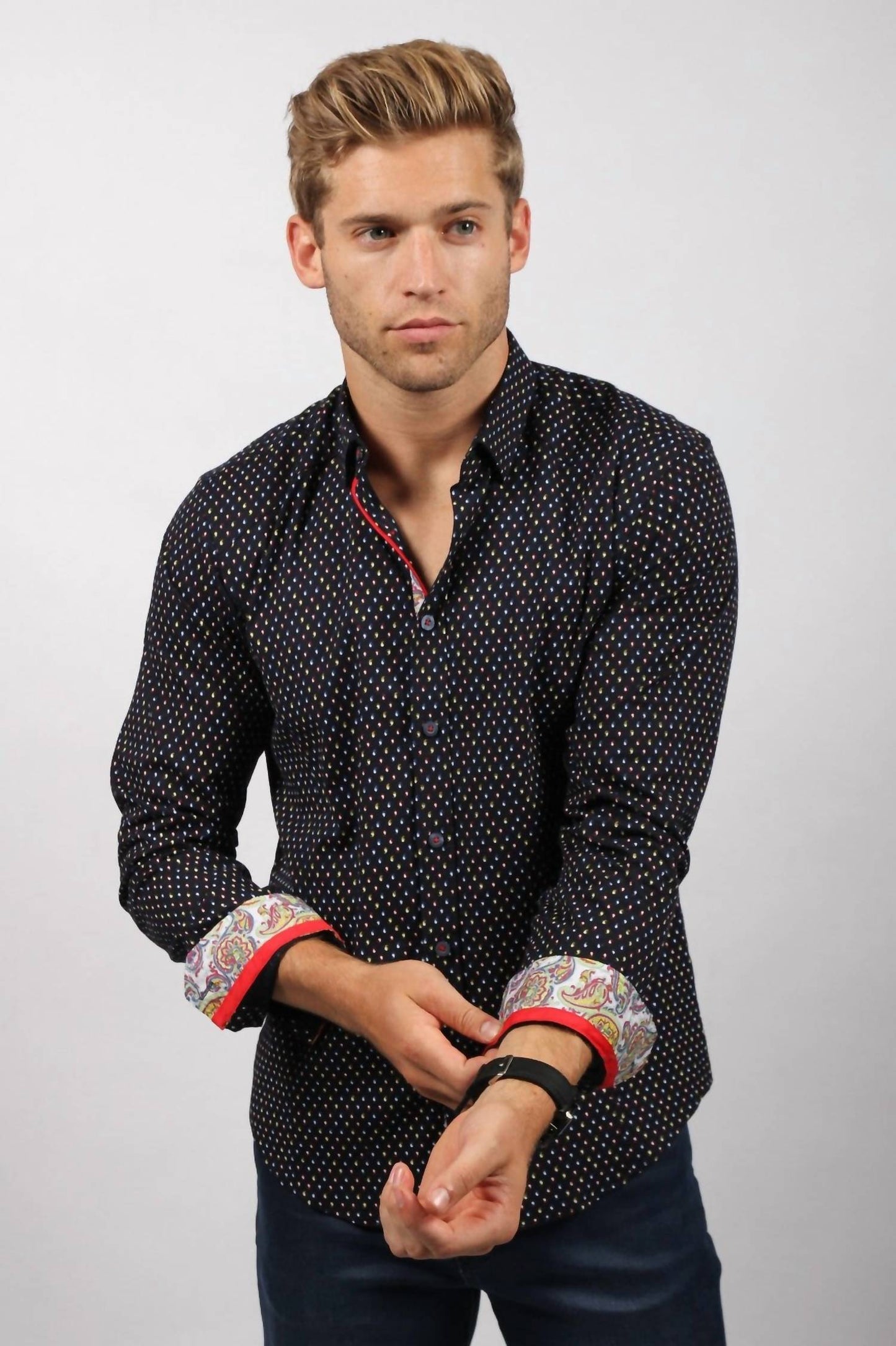 Button Down Print With Trim Shirt