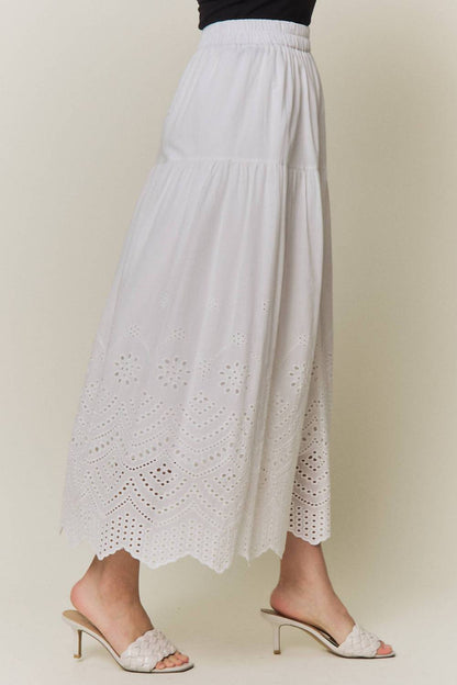 Tiered Eyelet Scalloped Midi Skirt