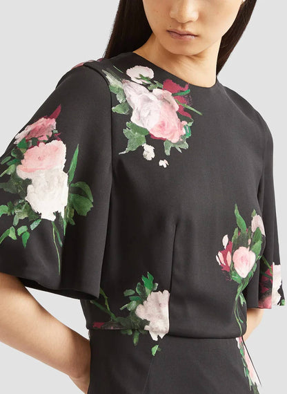 Painted Rose Bouquet Short Sleeve Midi Dress