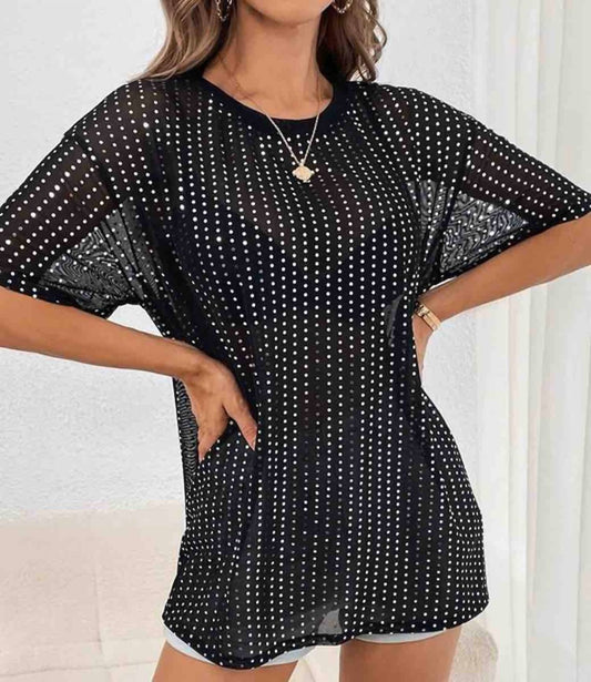 Mesh Casual Short Sleeve Sequin Top