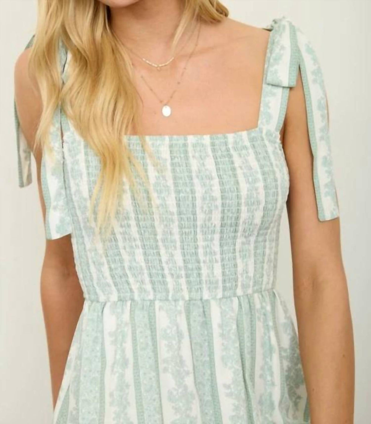 Stripe Floral Smocked Tie Strap Detail Midi Dress