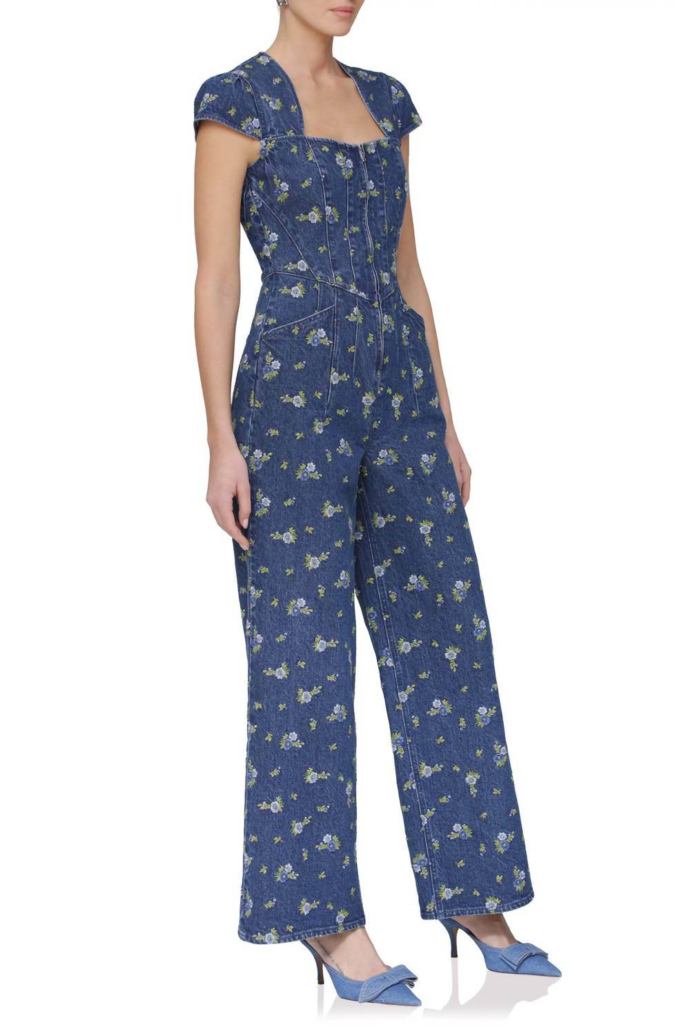 Avec Les Filles - Floral Cap Sleeve Corset Wide Leg Denim Jumpsuit - Rack Hunt -