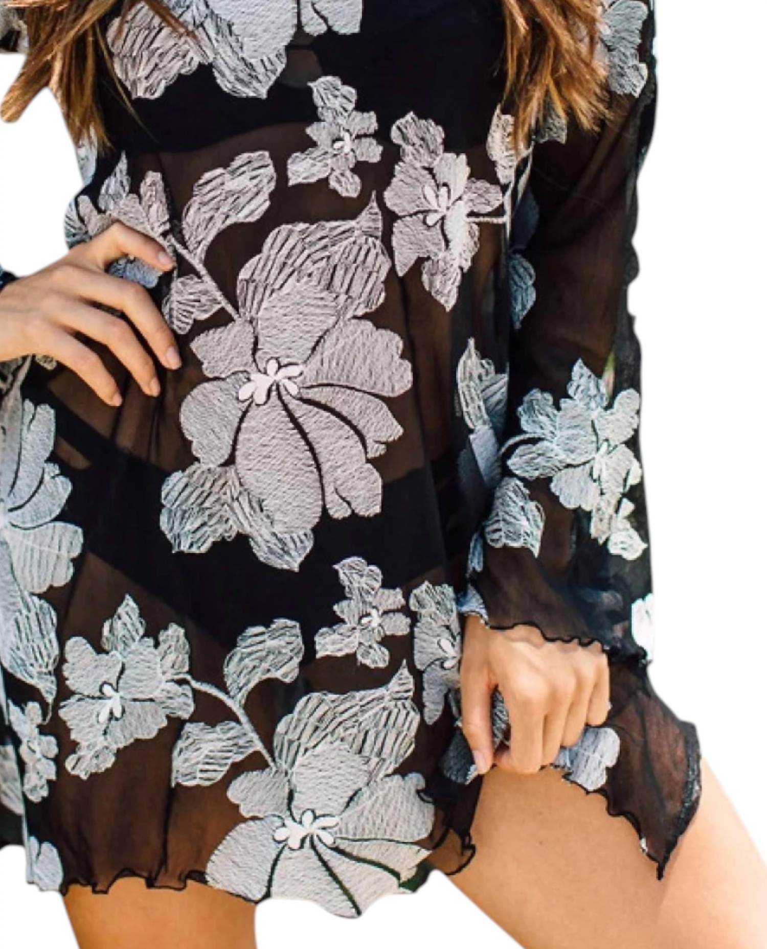 J.Valdi - Mesh Flower Bell Sleeve Sharkbite Tunic Cover Up - Rack Hunt -