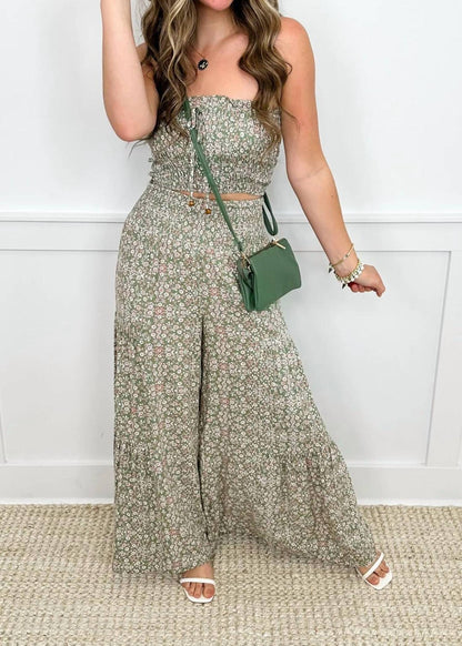 Smocked Tube Top And High-rise Wide Leg Set